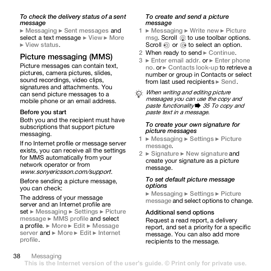 Picture messaging (mms) | Sony Ericsson Z610i User Manual | Page 38 / 95