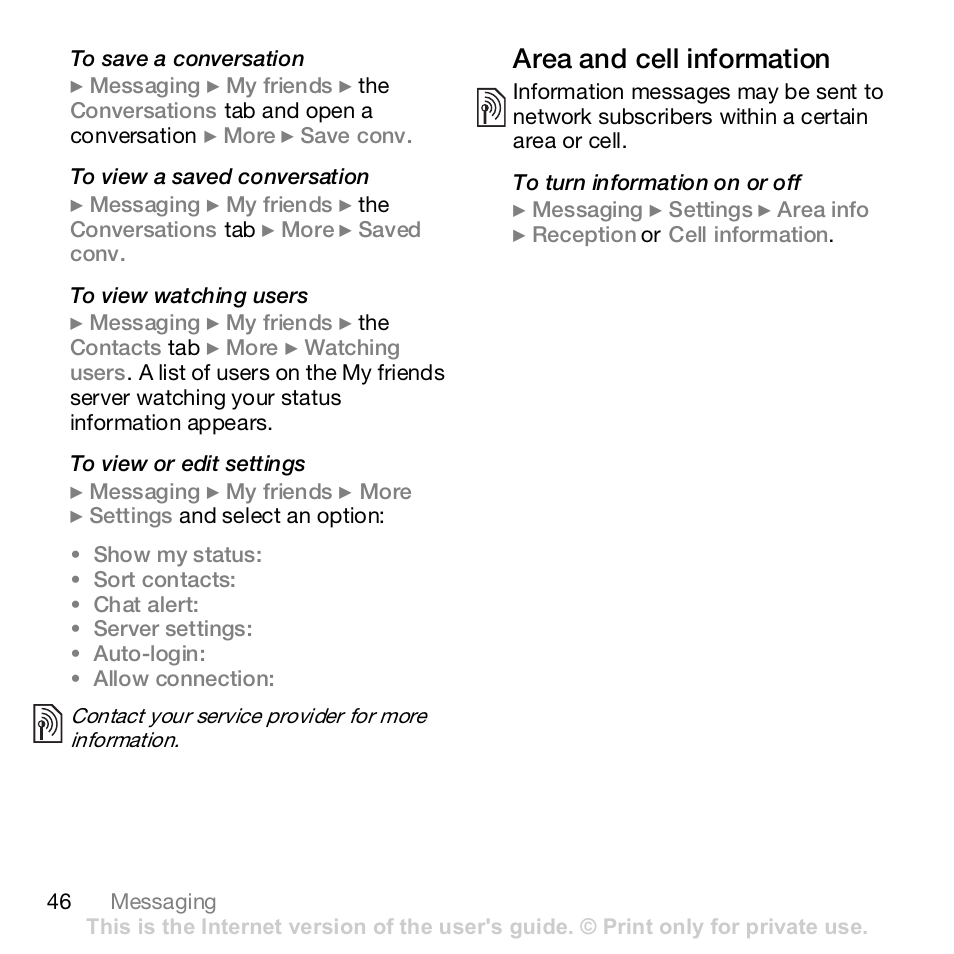 Area and cell information | Sony Ericsson Z610i User Manual | Page 46 / 95