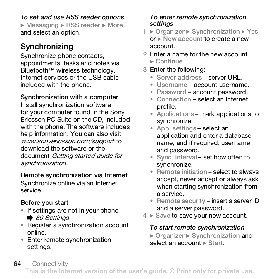 64 synchronizing, Synchronizing | Sony Ericsson Z610i User Manual | Page 64 / 95