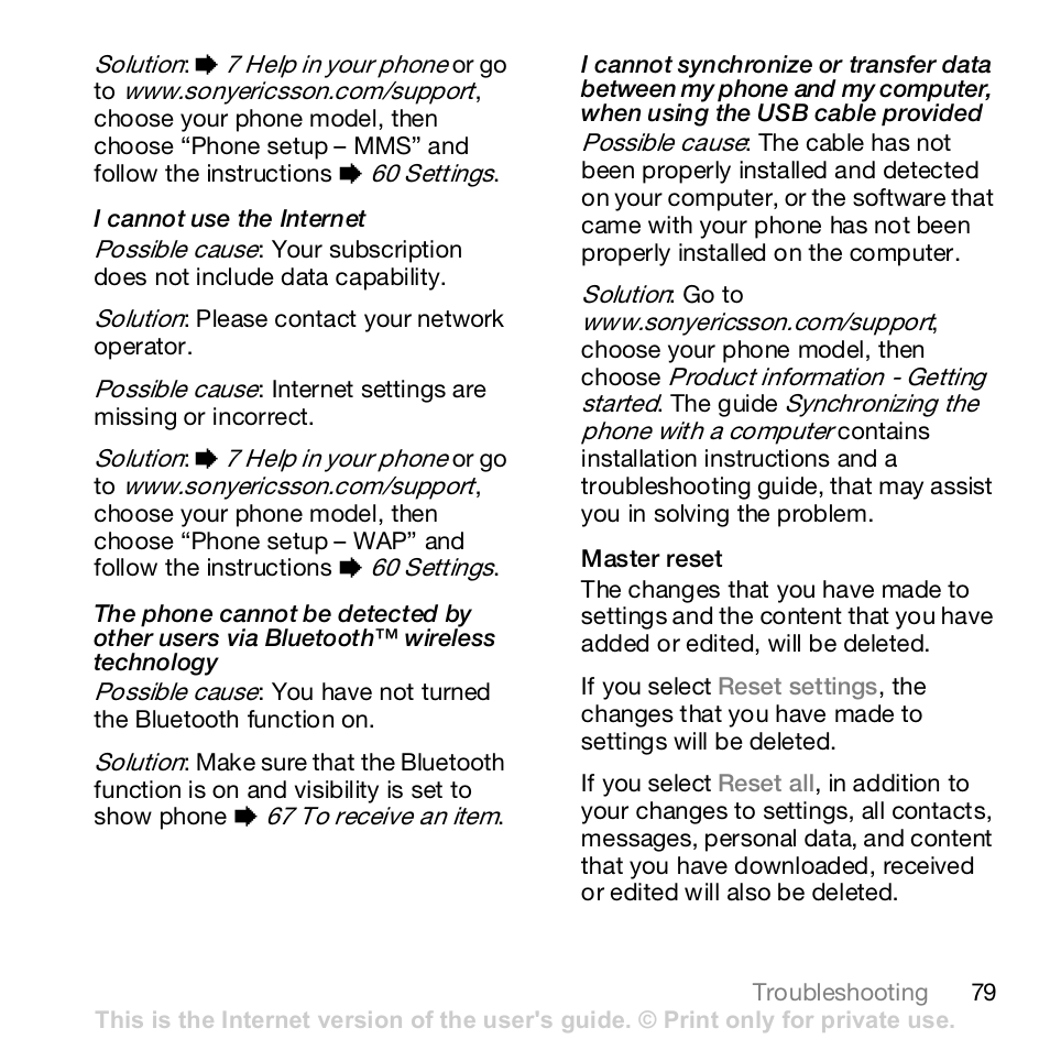 79 master, Reset | Sony Ericsson Z610i User Manual | Page 79 / 95