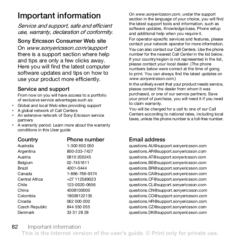 Important information, 82 important information, Sony ericsson consumer web site on | Country phone number email address | Sony Ericsson Z610i User Manual | Page 82 / 95