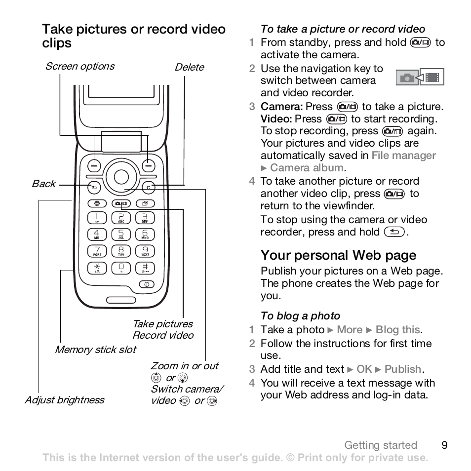 Take pictures or record video clips, Your personal web page | Sony Ericsson Z610i User Manual | Page 9 / 95