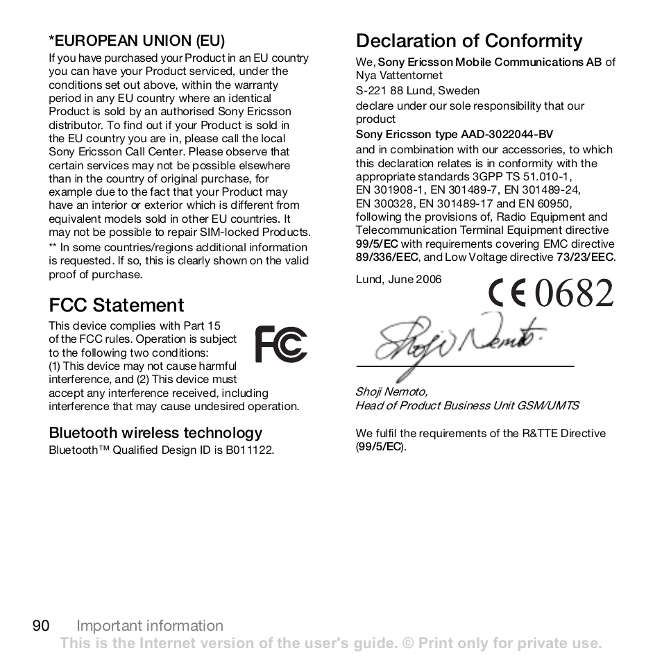 Fcc statement, Declaration of conformity | Sony Ericsson Z610i User Manual | Page 90 / 95