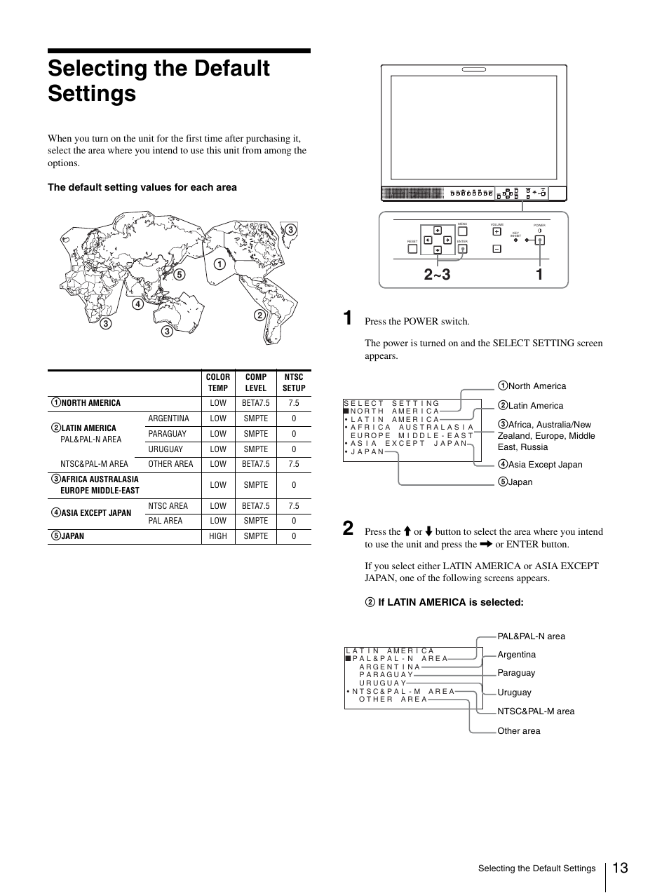 Selecting the default settings | Sony Ericsson LMD-2030W User Manual | Page 13 / 24
