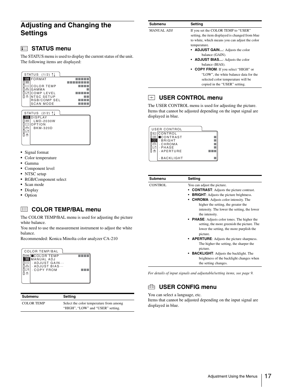 Adjusting and changing the settings, Status menu, Color temp/bal menu | User control menu, User config menu | Sony Ericsson LMD-2030W User Manual | Page 17 / 24