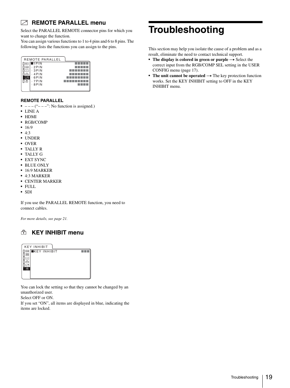 Remote parallel menu, Key inhibit menu, Troubleshooting | Remote parallel menu key inhibit menu | Sony Ericsson LMD-2030W User Manual | Page 19 / 24