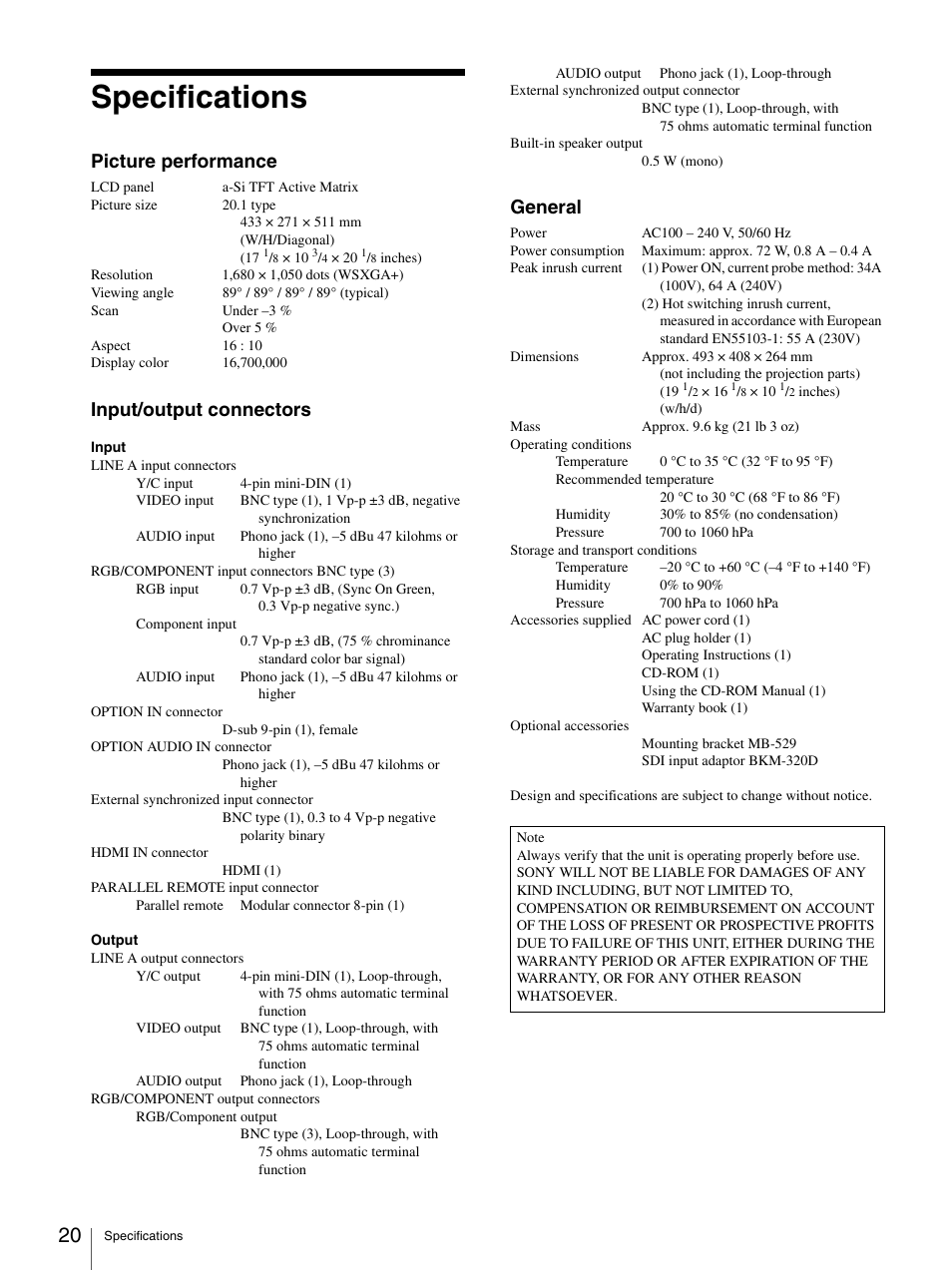 Specifications, Picture performance, Input/output connectors | General | Sony Ericsson LMD-2030W User Manual | Page 20 / 24