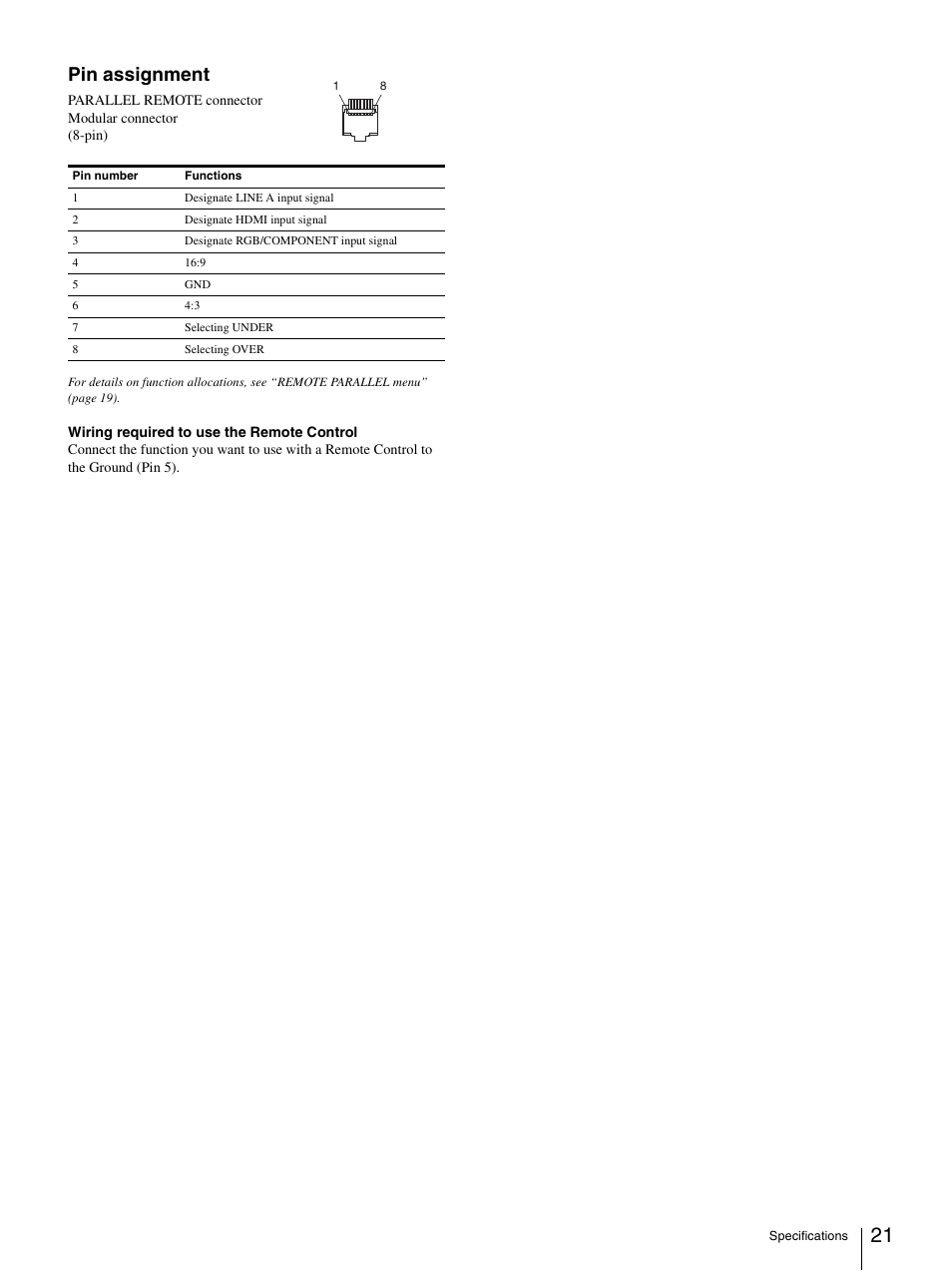 Pin assignment | Sony Ericsson LMD-2030W User Manual | Page 21 / 24