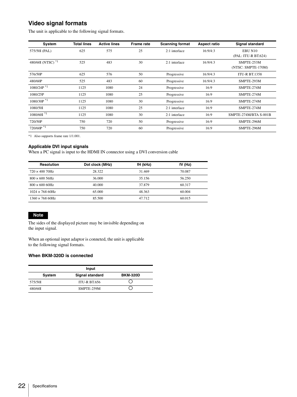 Video signal formats | Sony Ericsson LMD-2030W User Manual | Page 22 / 24