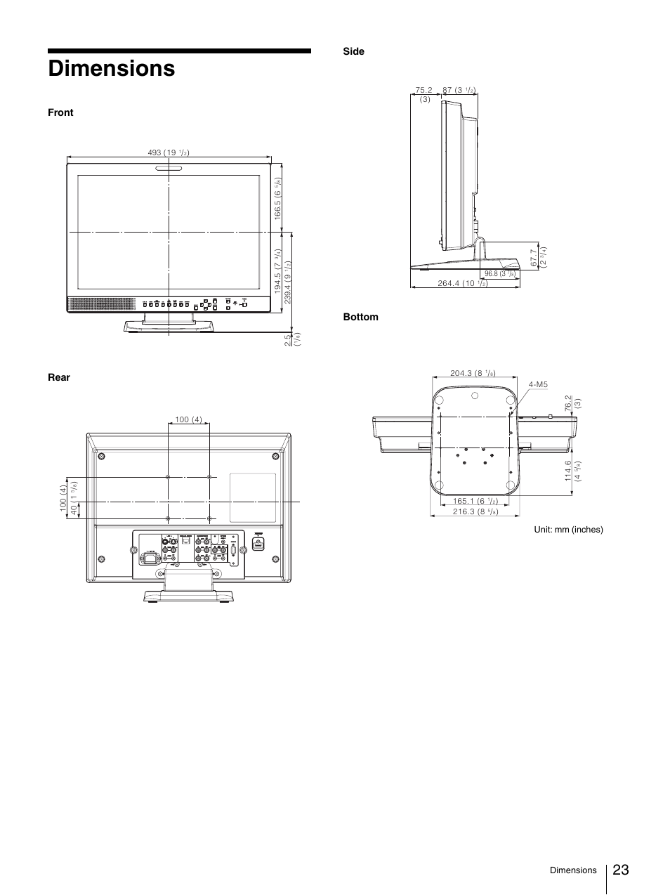Dimensions, Front rear side bottom | Sony Ericsson LMD-2030W User Manual | Page 23 / 24