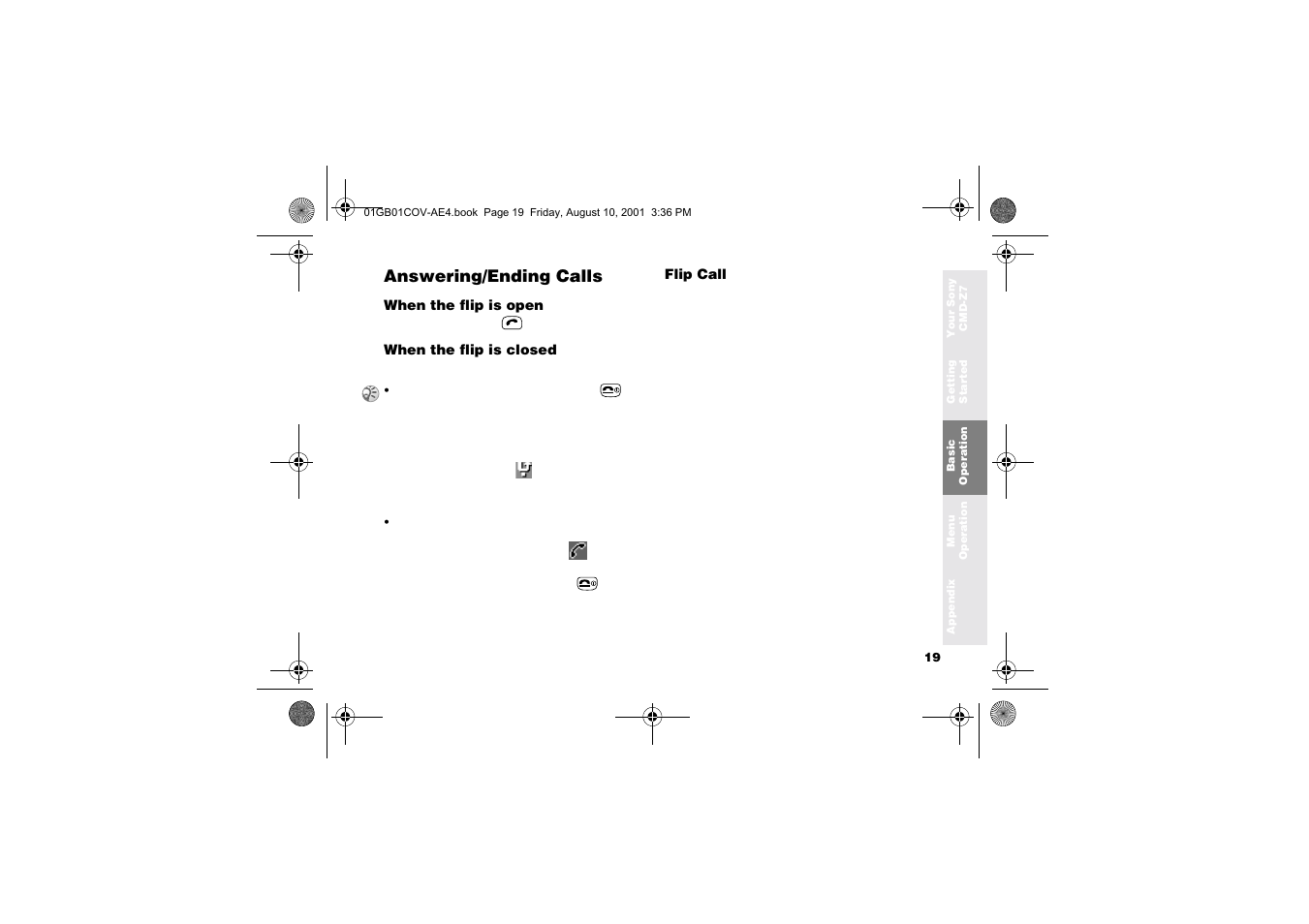 Answering/ending calls | Sony Ericsson CMD-Z7 User Manual | Page 19 / 68