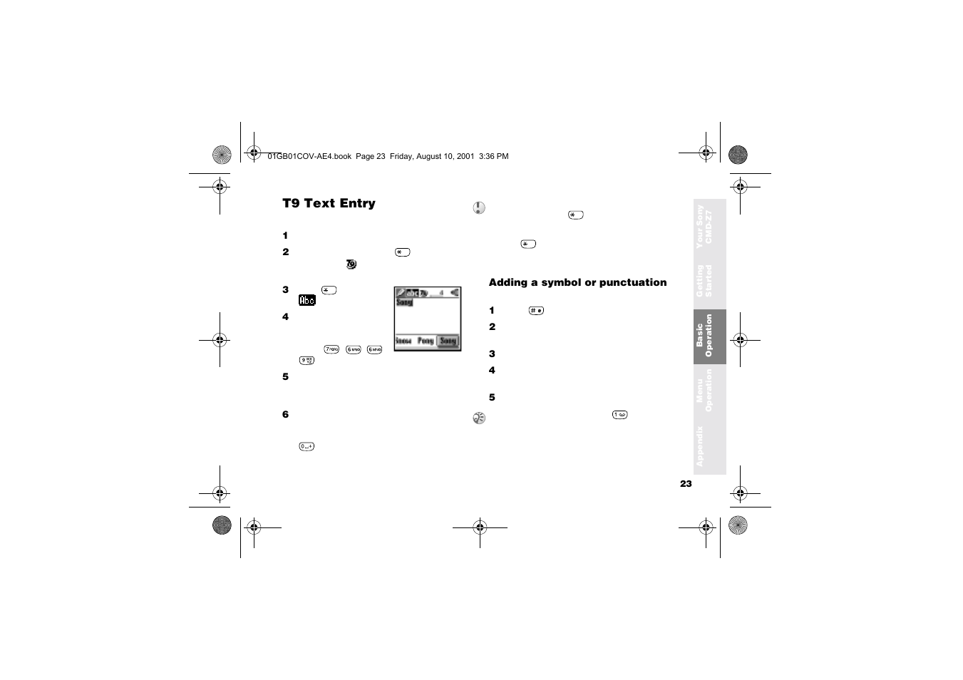 T9 text entry | Sony Ericsson CMD-Z7 User Manual | Page 23 / 68