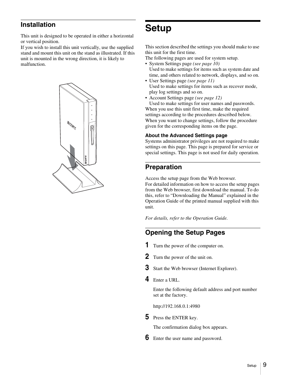 Installation, Setup, Preparation | Sony Ericsson NSP-1 User Manual | Page 9 / 18