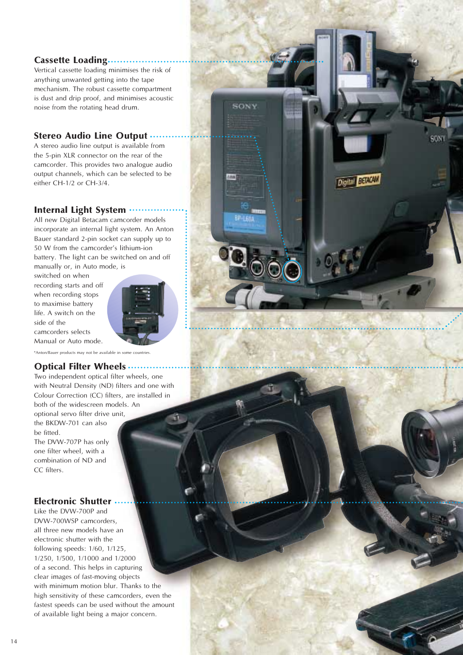 Optical filter wheels, Electronic shutter, Cassette loading | Stereo audio line output, Internal light system | Sony Ericsson DVW-707P User Manual | Page 14 / 32