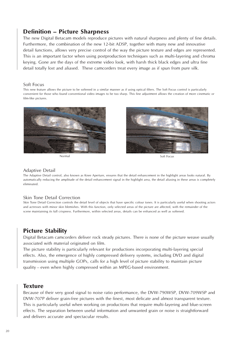 Picture stability, Texture, Definition – picture sharpness | Sony Ericsson DVW-707P User Manual | Page 20 / 32
