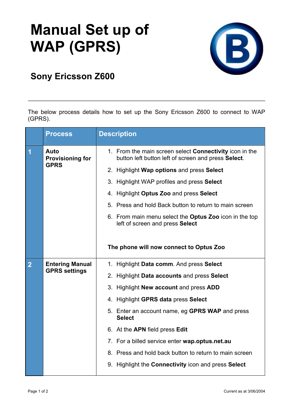 Sony Ericsson Z600 User Manual | 2 pages