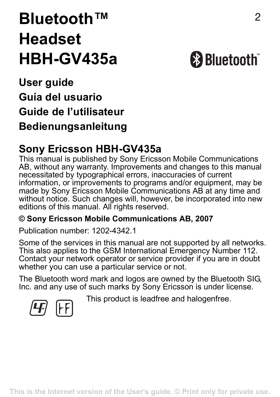 User guide, Guía del usuario, Guide de l’utilisateur | Bedienungsanleitung, Bluetooth™ headset hbh-gv435a | Sony Ericsson HBH-GV435a User Manual | Page 2 / 36