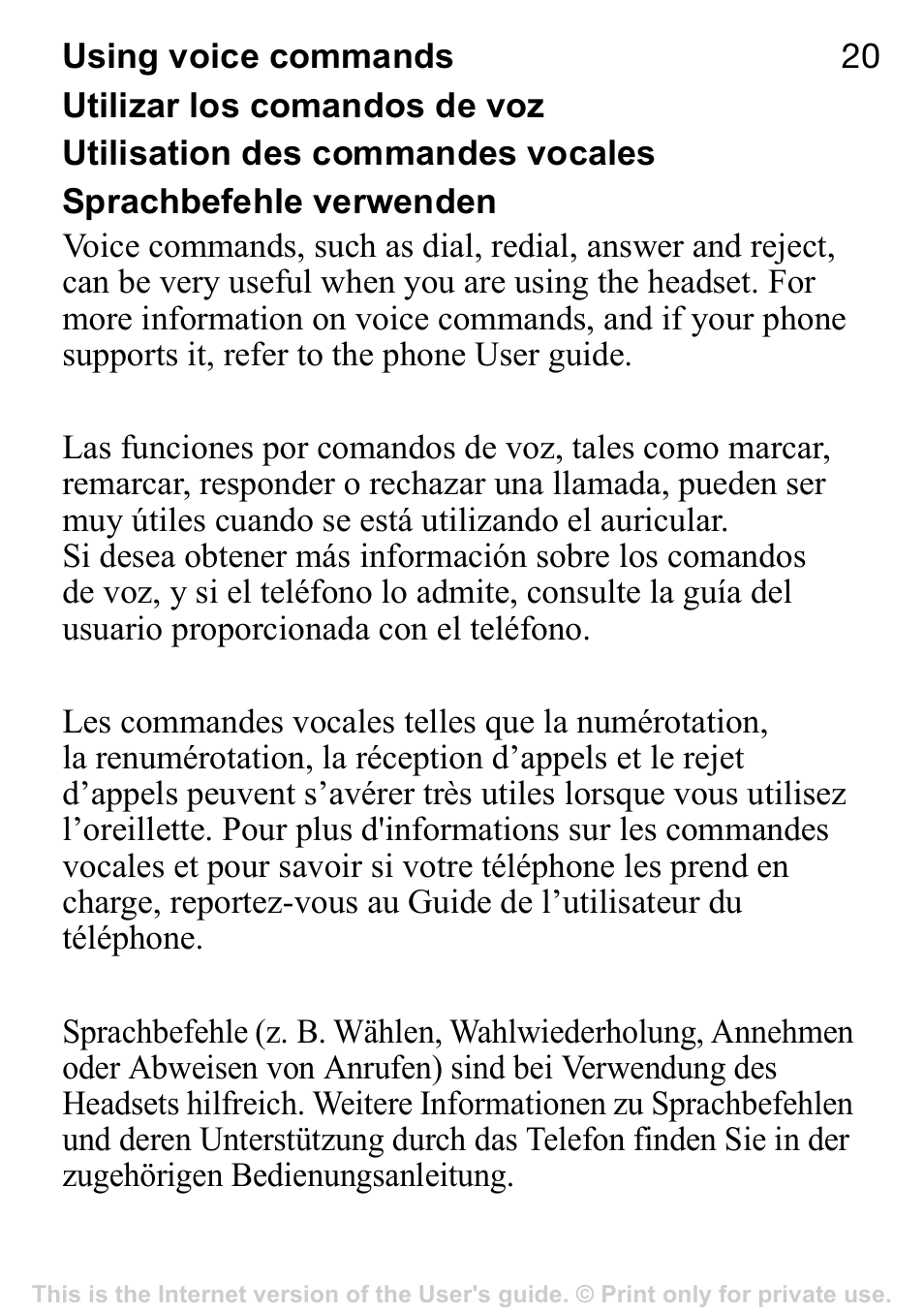 Using voice commands, Utilizar los comandos de voz, Utilisation des commandes vocales | Sprachbefehle verwenden | Sony Ericsson HBH-GV435a User Manual | Page 21 / 36