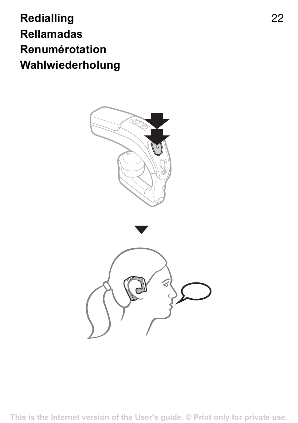 Redialling, Rellamadas, Renumérotation | Wahlwiederholung | Sony Ericsson HBH-GV435a User Manual | Page 23 / 36
