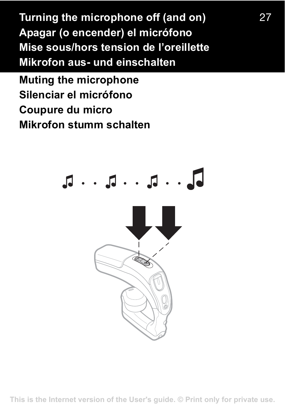 Turning the microphone off (and on), Apagar (o encender) el micrófono, Mise sous/hors tension de l’oreillette | Mikrofon aus- und einschalten, Muting the microphone, Silenciar el micrófono, Coupure du micro, Mikrofon stumm schalten | Sony Ericsson HBH-GV435a User Manual | Page 28 / 36