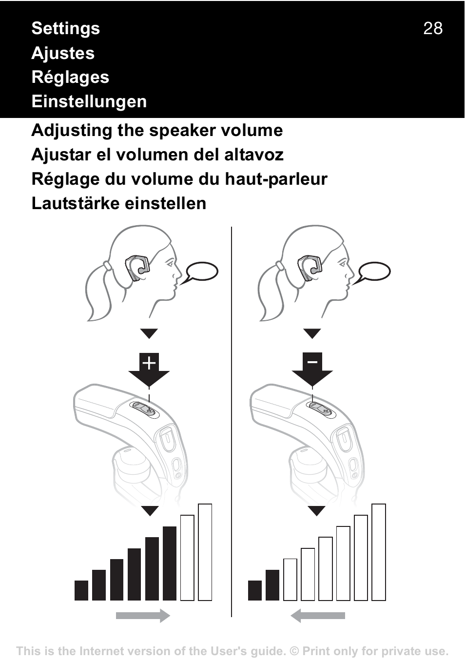 Settings, Ajustes, Réglages | Einstellungen, Adjusting the speaker volume, Ajustar el volumen del altavoz, Réglage du volume du haut-parleur, Lautstärke einstellen | Sony Ericsson HBH-GV435a User Manual | Page 29 / 36