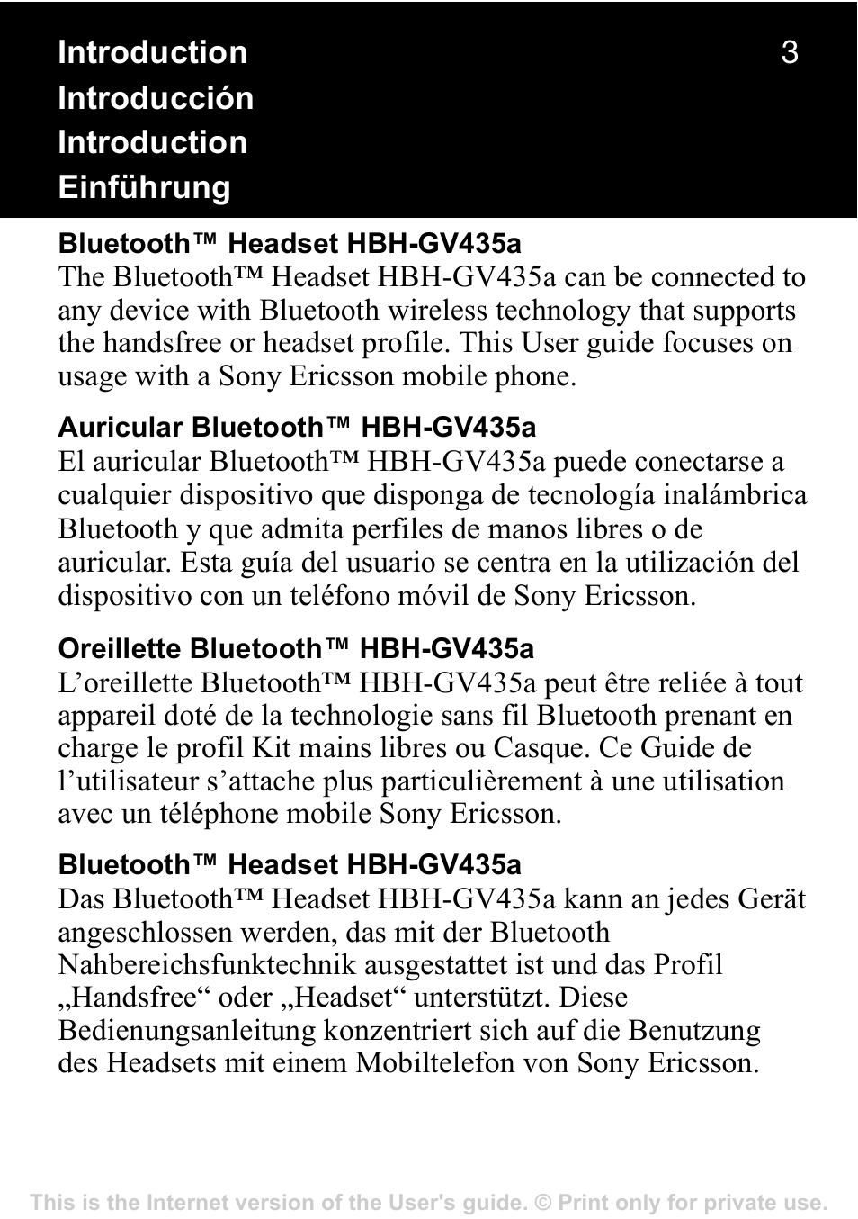 Introduction, Introducción, Einführung | Sony Ericsson HBH-GV435a User Manual | Page 3 / 36
