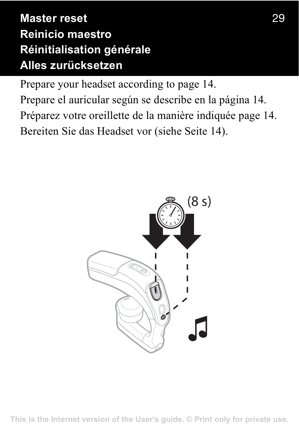 Master reset, Reinicio maestro, Réinitialisation générale | Alles zurücksetzen | Sony Ericsson HBH-GV435a User Manual | Page 30 / 36