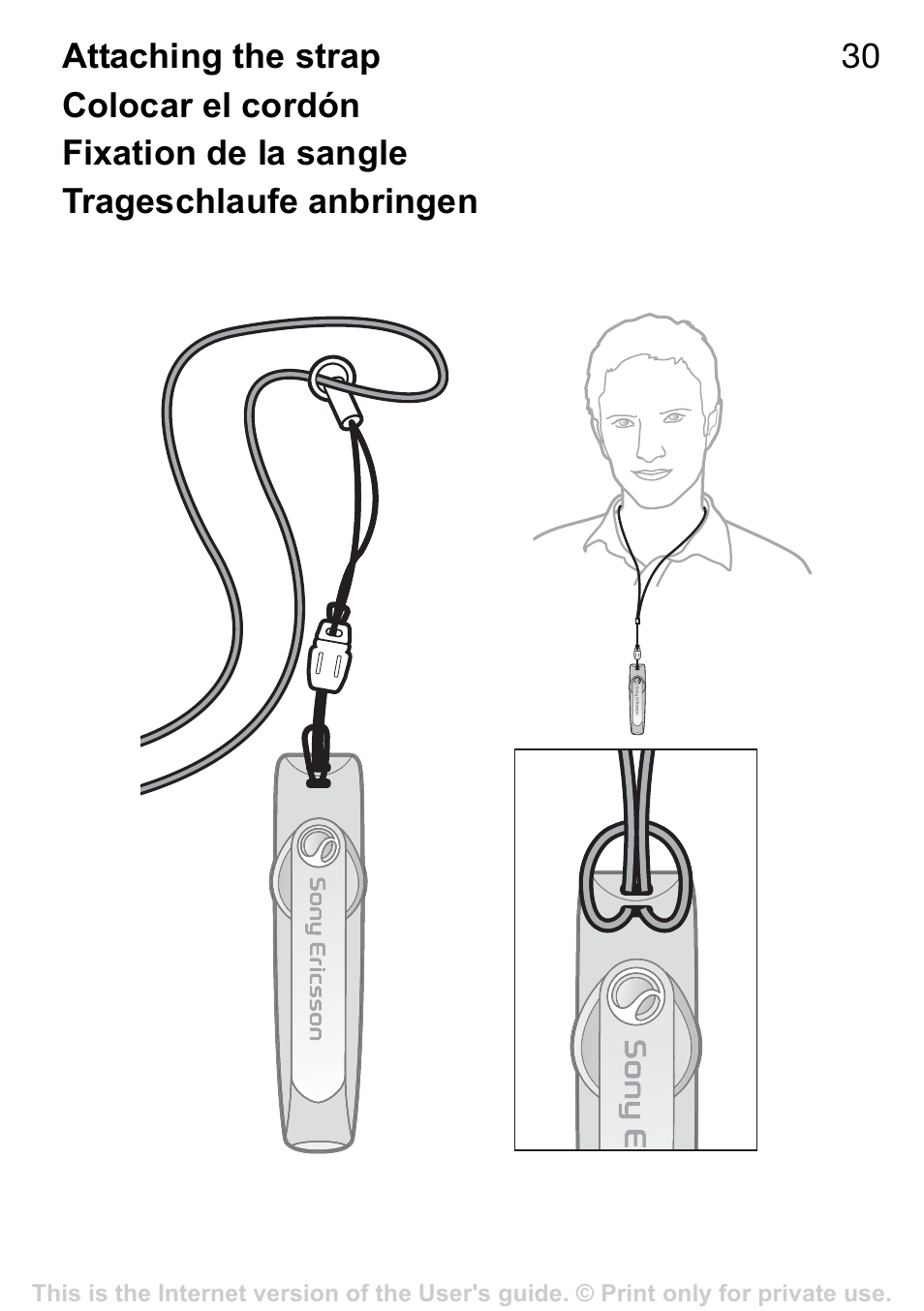 Attaching the strap, Fixation de la sangle, Trageschlaufe anbringen | Sony Ericsson HBH-GV435a User Manual | Page 31 / 36