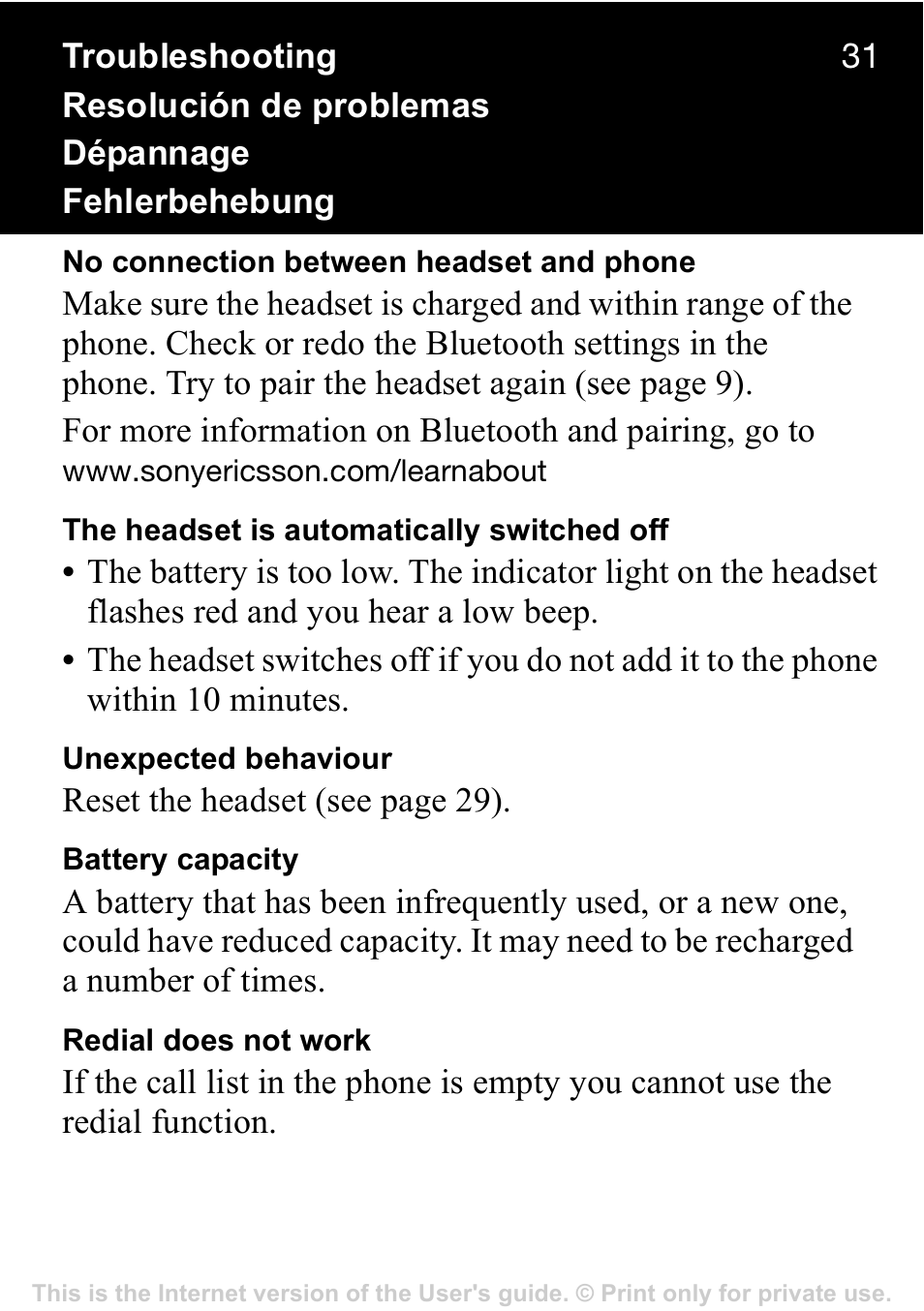 Troubleshooting, Resolución de problemas, Dépannage | Fehlerbehebung | Sony Ericsson HBH-GV435a User Manual | Page 32 / 36