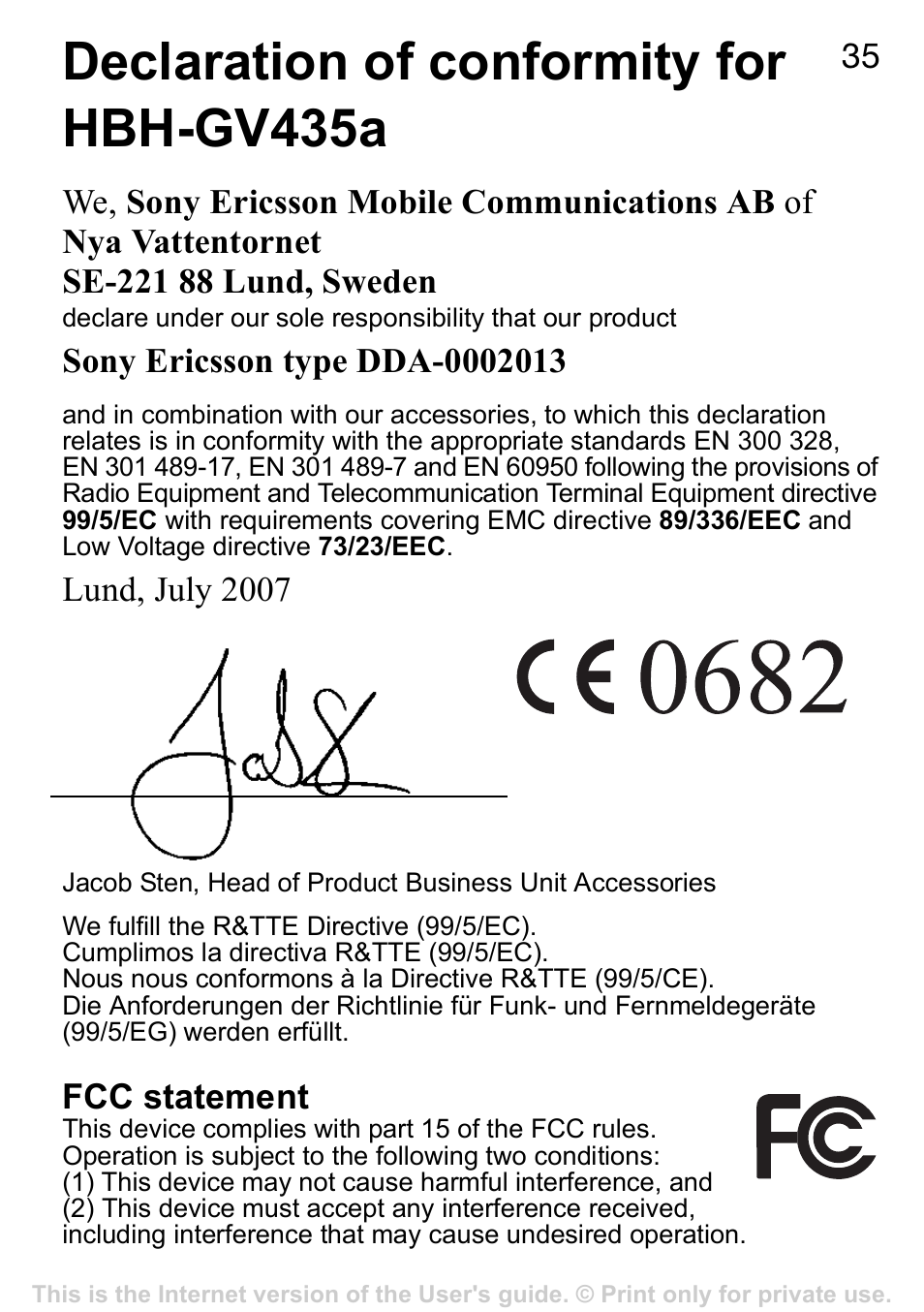 Declaration of conformity for hbh-gv435a | Sony Ericsson HBH-GV435a User Manual | Page 36 / 36