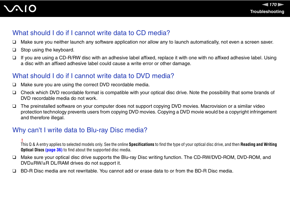 Why can't i write data to blu-ray disc media | Sony Ericsson VGN-AR600 User Manual | Page 170 / 207
