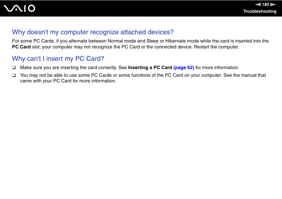 Why doesn't my computer recognize attached devices, Why can't i insert my pc card | Sony Ericsson VGN-AR600 User Manual | Page 185 / 207