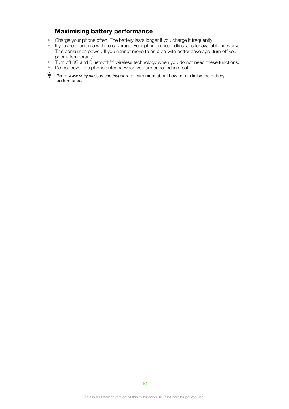 Maximising battery performance | Sony Ericsson Cell Phone User Manual | Page 10 / 70