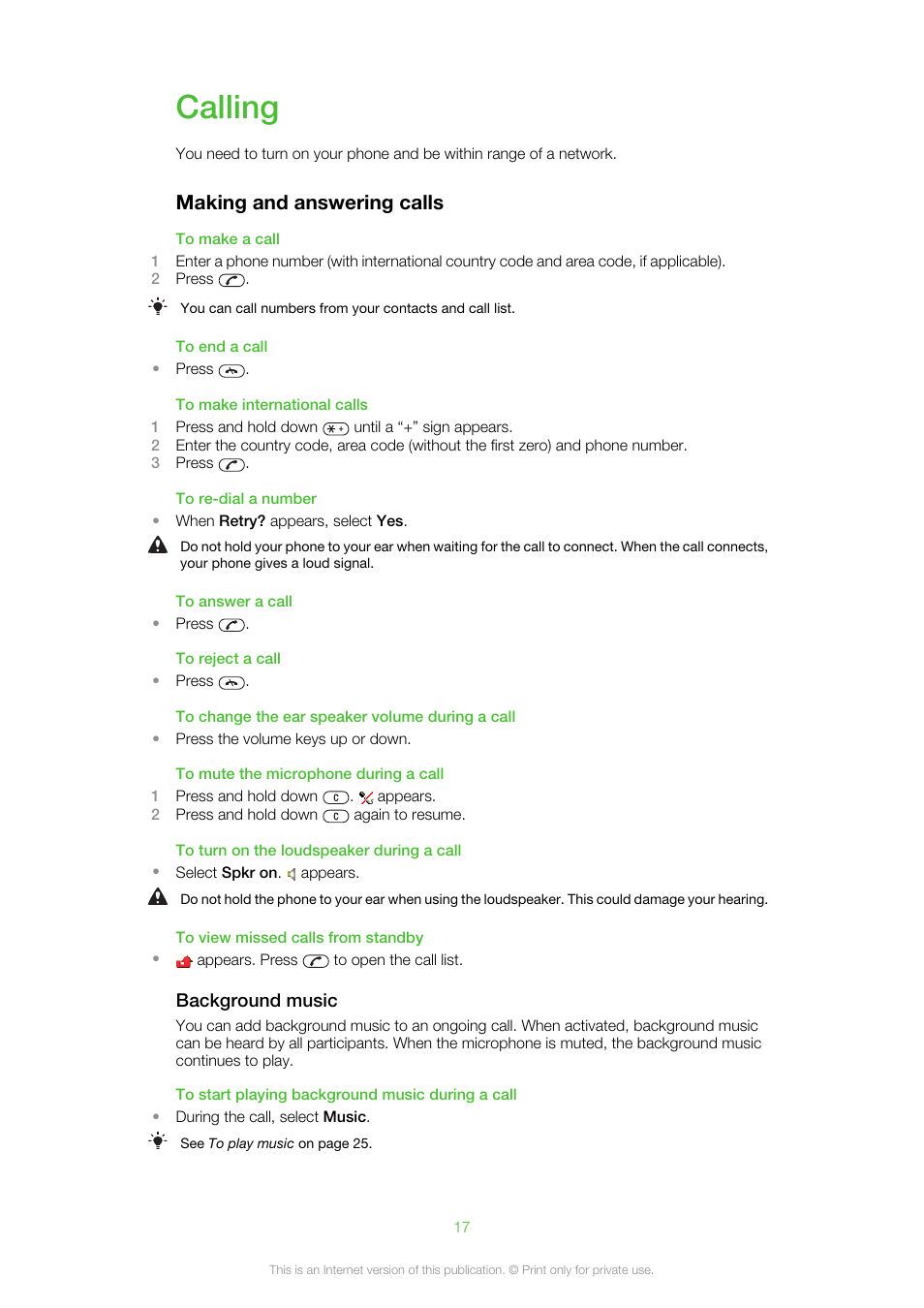 Calling, Making and answering calls | Sony Ericsson Cell Phone User Manual | Page 17 / 70