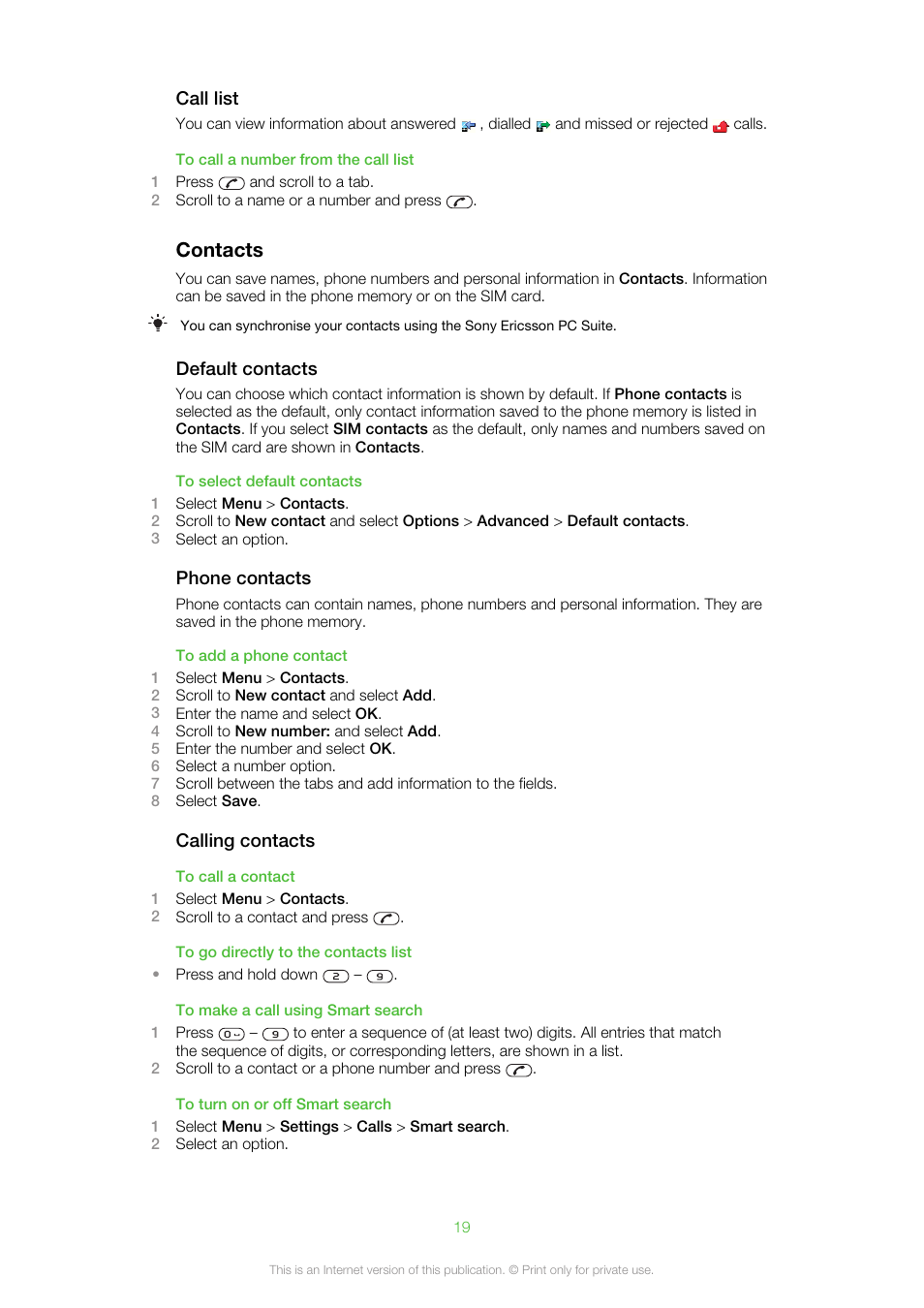 Contacts | Sony Ericsson Cell Phone User Manual | Page 19 / 70