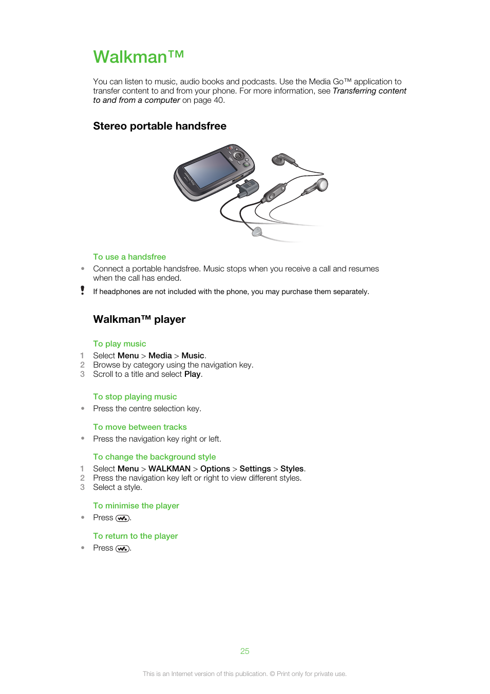 Walkman, Stereo portable handsfree walkman™ player, Stereo portable handsfree | Walkman™ player | Sony Ericsson Cell Phone User Manual | Page 25 / 70