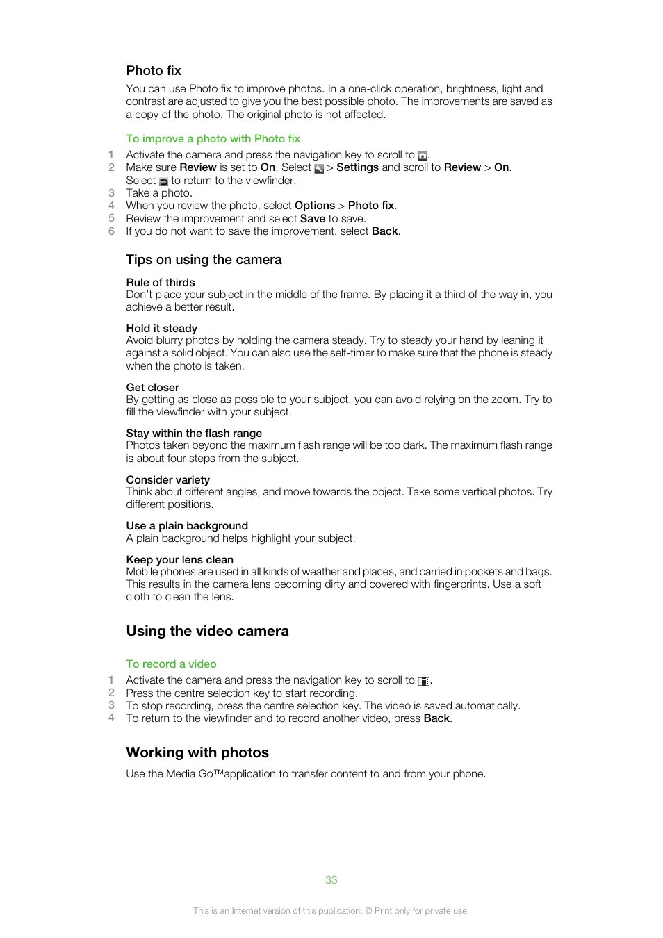 Using the video camera working with photos, Using the video camera, Working with photos | Sony Ericsson Cell Phone User Manual | Page 33 / 70