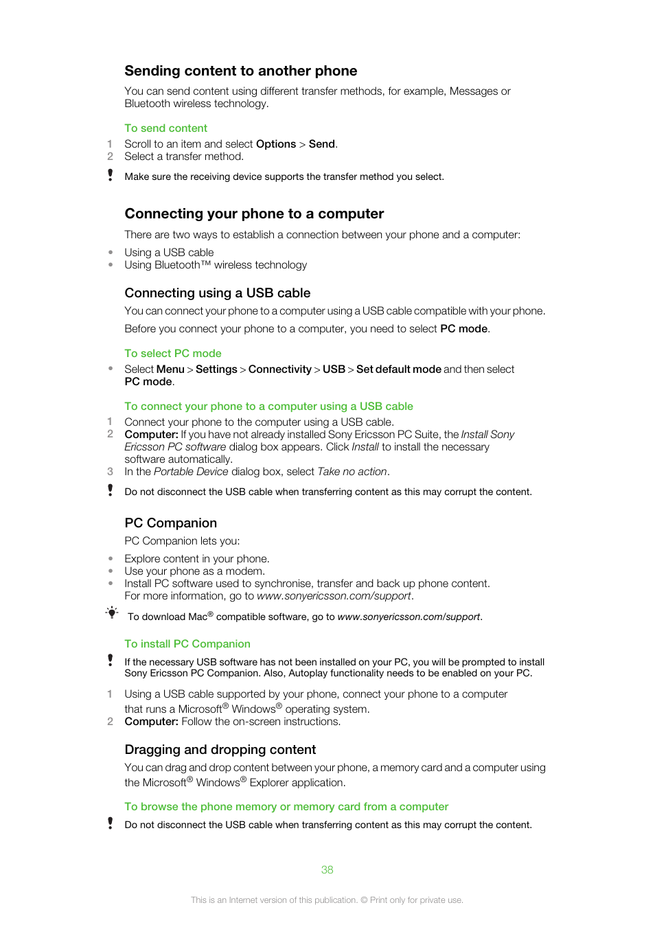 Sending content to another phone, Connecting your phone to a computer | Sony Ericsson Cell Phone User Manual | Page 38 / 70