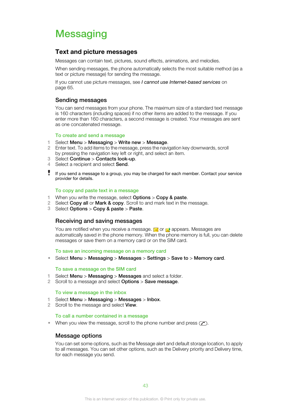 Messaging, Text and picture messages | Sony Ericsson Cell Phone User Manual | Page 43 / 70