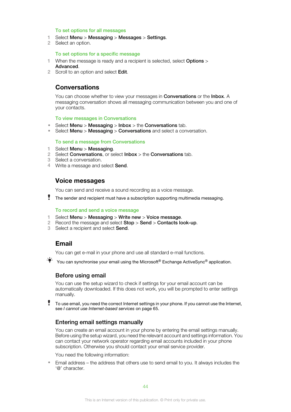 Conversations voice messages email, Conversations, Voice messages | Email | Sony Ericsson Cell Phone User Manual | Page 44 / 70