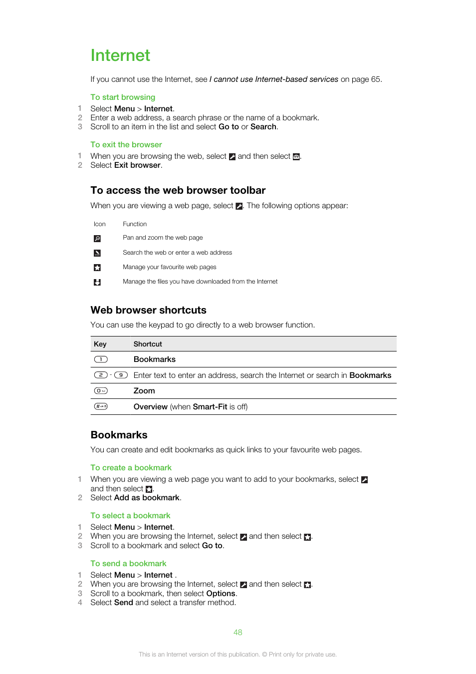 Internet, Web browser shortcuts, Bookmarks | Sony Ericsson Cell Phone User Manual | Page 48 / 70
