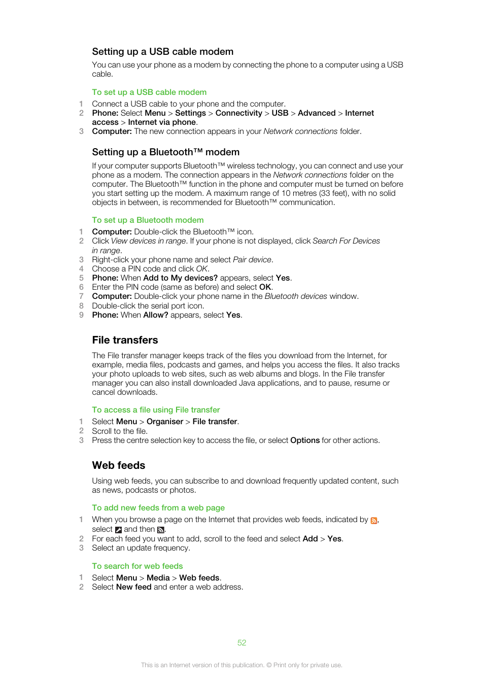 File transfers web feeds, File transfers, Web feeds | Sony Ericsson Cell Phone User Manual | Page 52 / 70