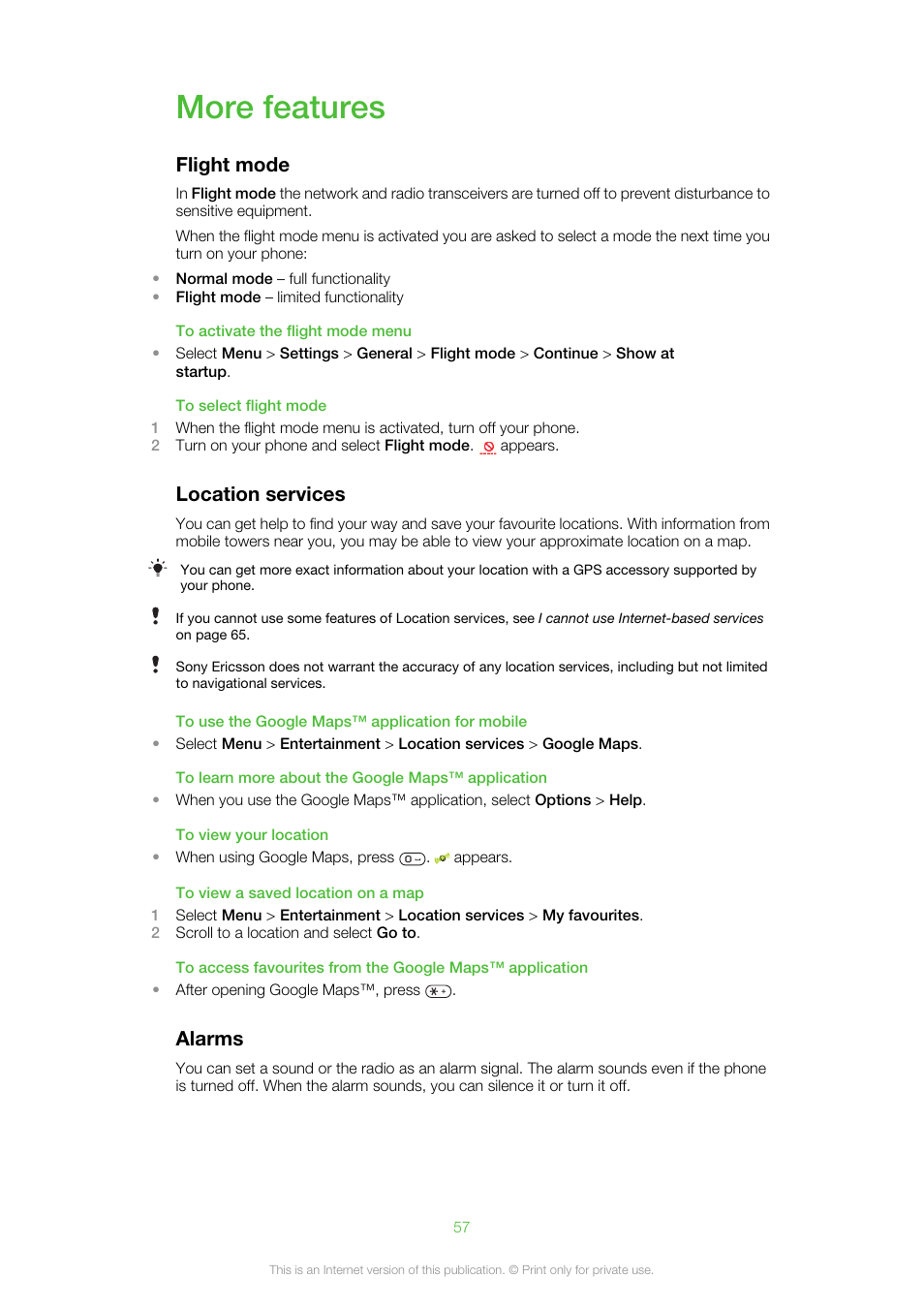 More features, Flight mode location services alarms, Flight mode | Location services, Alarms | Sony Ericsson Cell Phone User Manual | Page 57 / 70