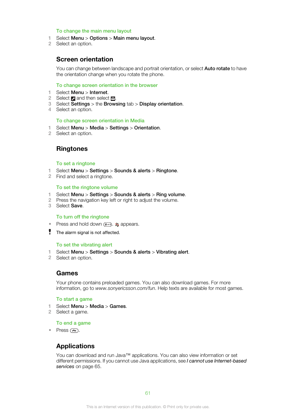 Screen orientation ringtones games applications, Screen orientation, Ringtones | Games, Applications | Sony Ericsson Cell Phone User Manual | Page 61 / 70