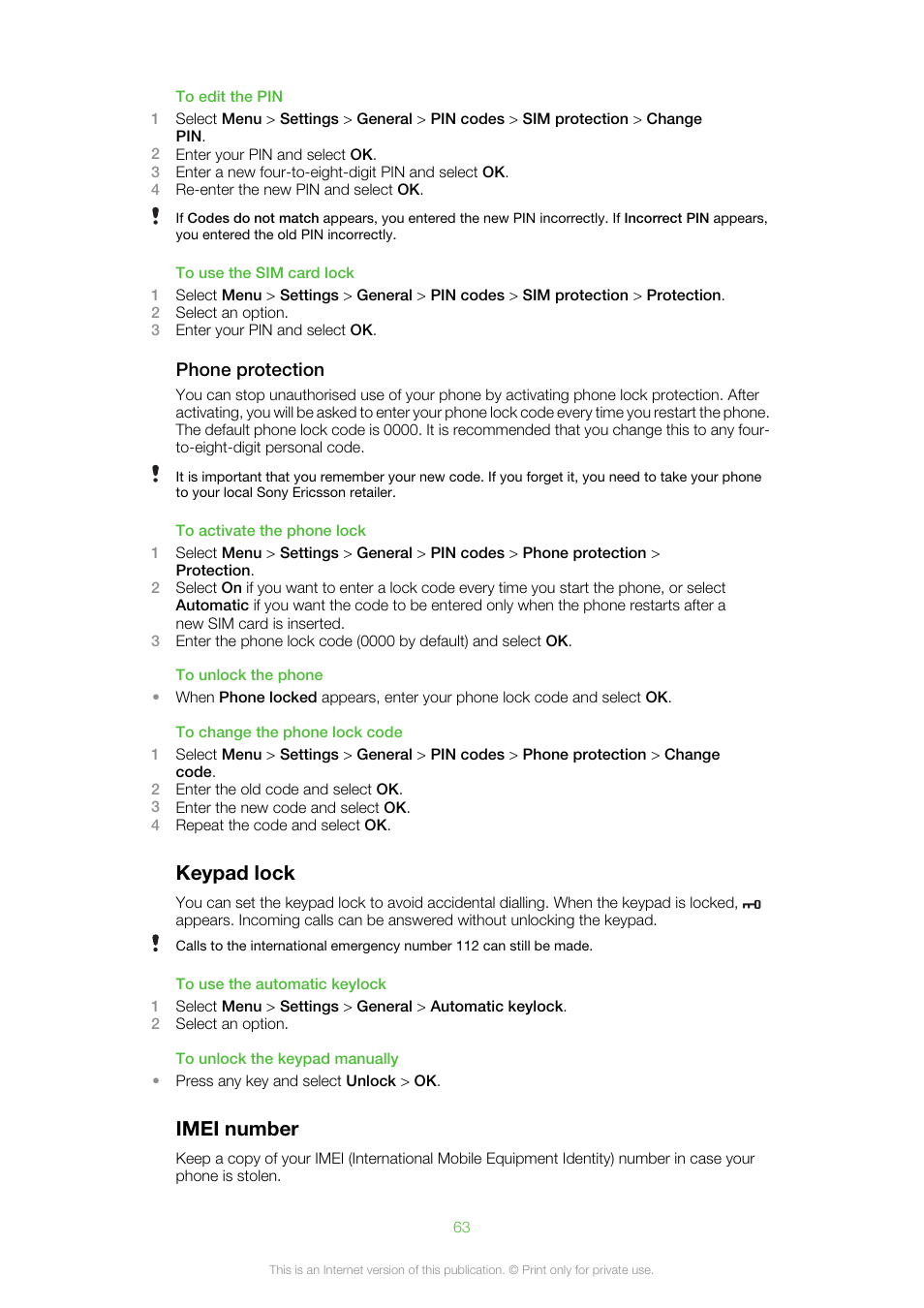 Keypad lock imei number, Keypad lock, Imei number | Sony Ericsson Cell Phone User Manual | Page 63 / 70