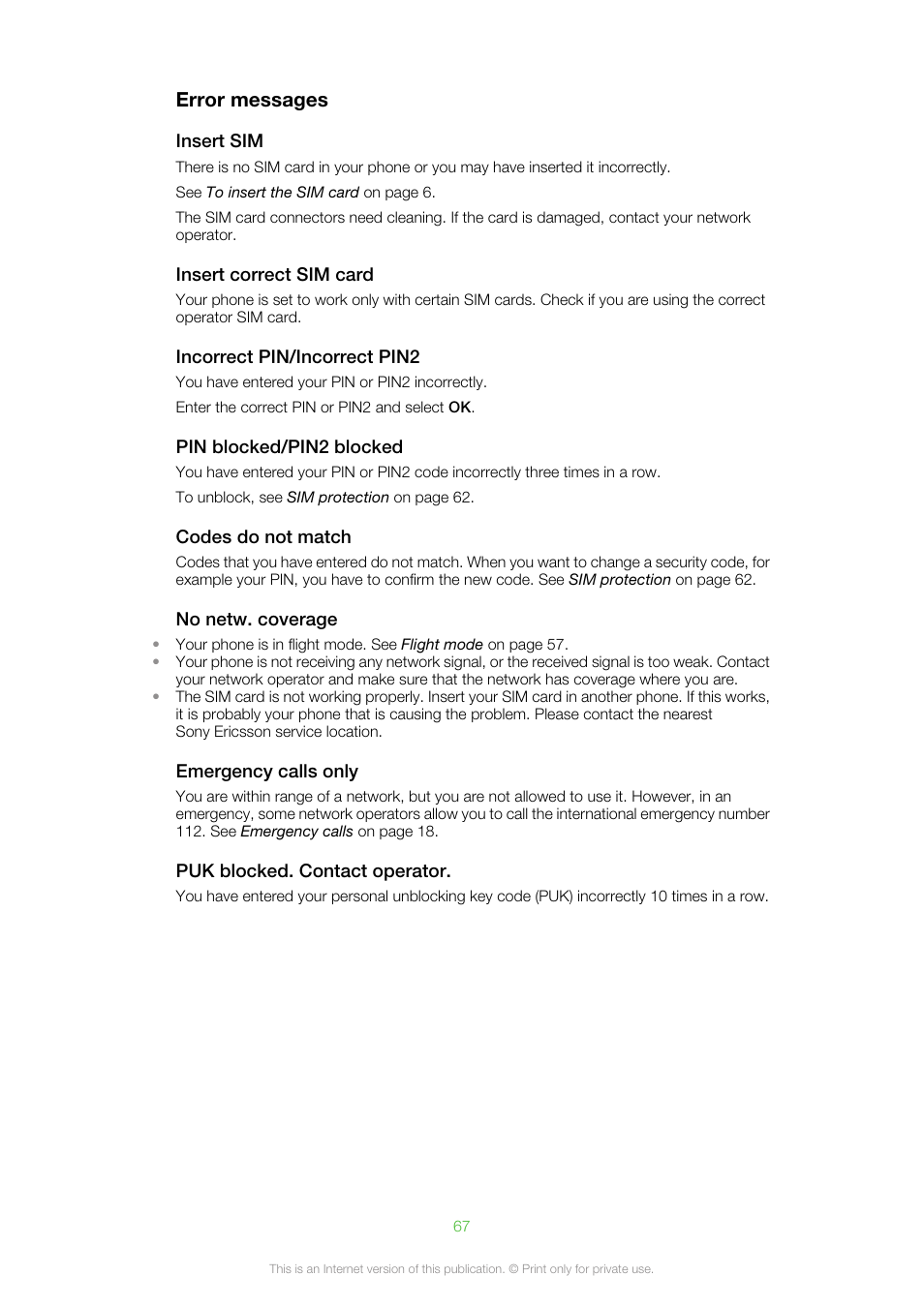 Error messages | Sony Ericsson Cell Phone User Manual | Page 67 / 70