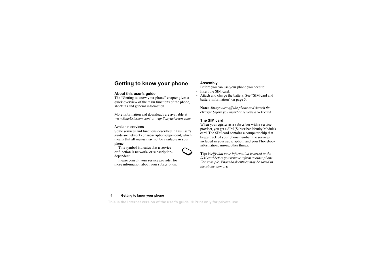Getting to know your phone, Getting to know your phone 4 | Sony Ericsson AE/LZT 108 6258 R5A User Manual | Page 4 / 93
