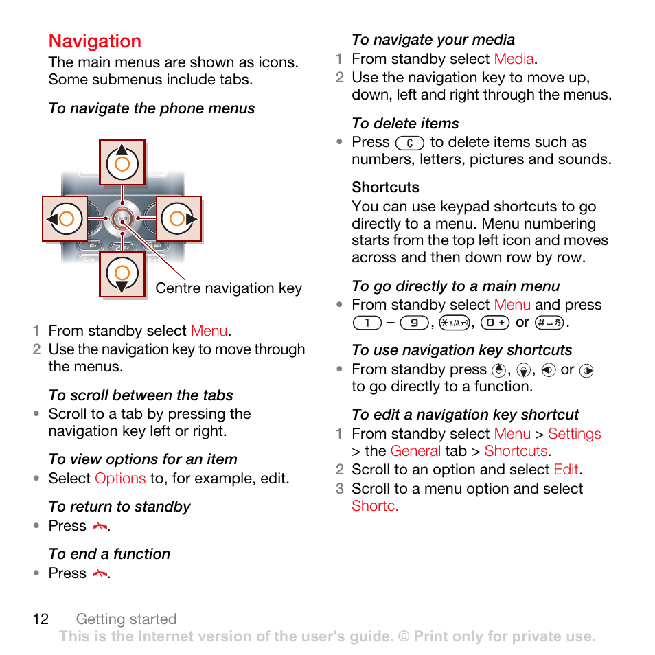 Navigation | Sony Ericsson K630i User Manual | Page 12 / 83