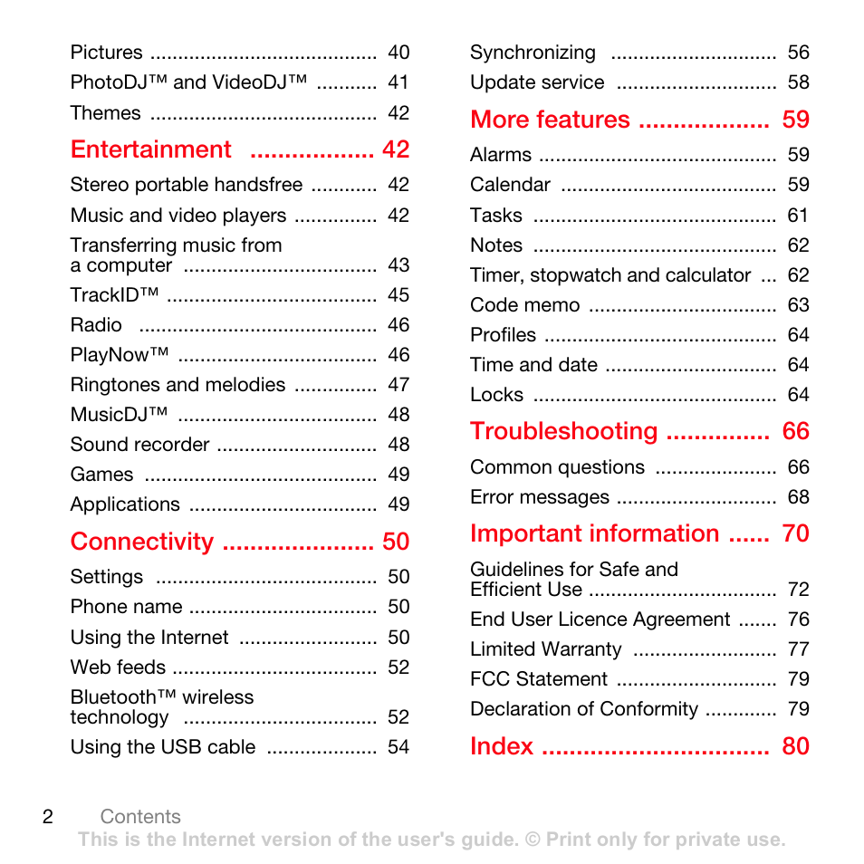 Entertainment, Connectivity, More features | Troubleshooting, Important information, Index | Sony Ericsson K630i User Manual | Page 2 / 83