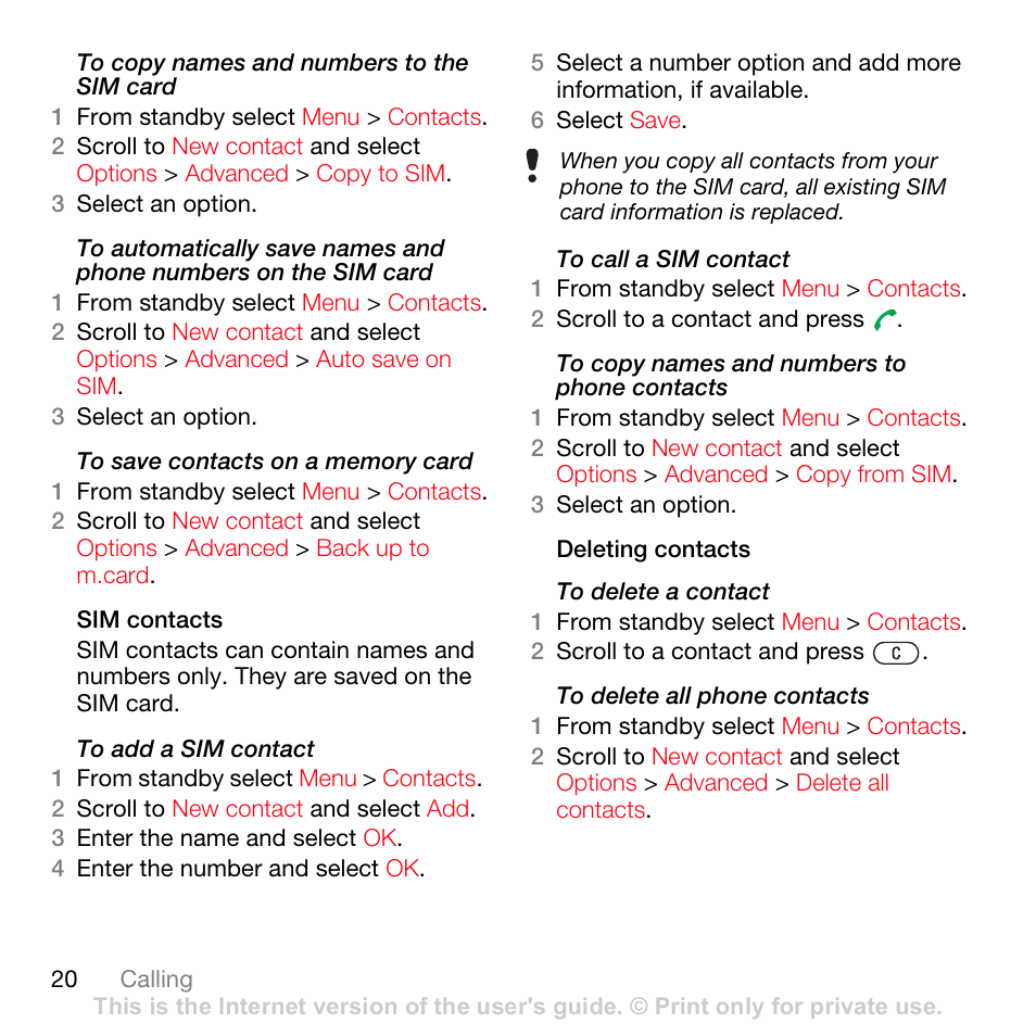 See to copy names and numbers to the sim card o, Ge 20 | Sony Ericsson K630i User Manual | Page 20 / 83